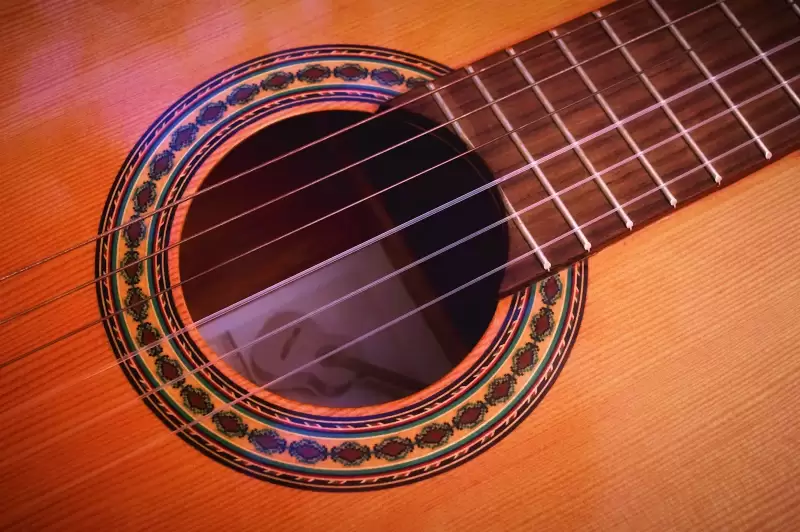 Cận cảnh thân đàn guitar acoustic gỗ nâu