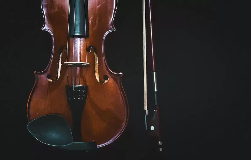 Cây violin gỗ nâu và vĩ kéo trên nền tối