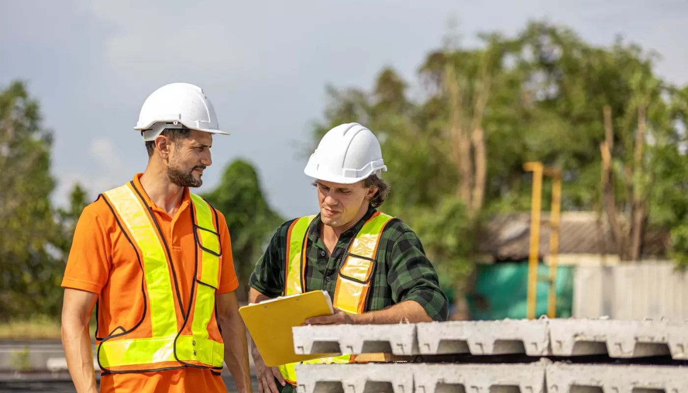 Nhóm kỹ thuật viên trao đổi bản vẽ tại công trình