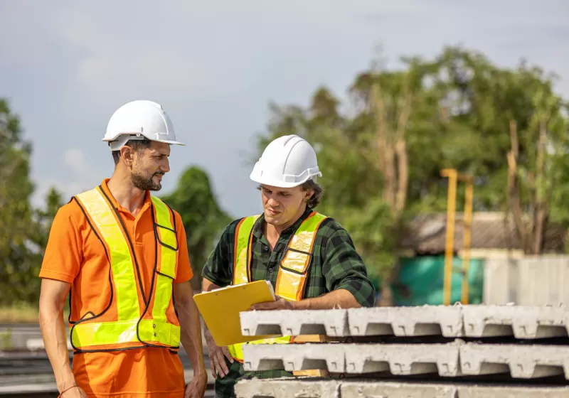 Nhóm kỹ thuật viên trao đổi bản vẽ tại công trình