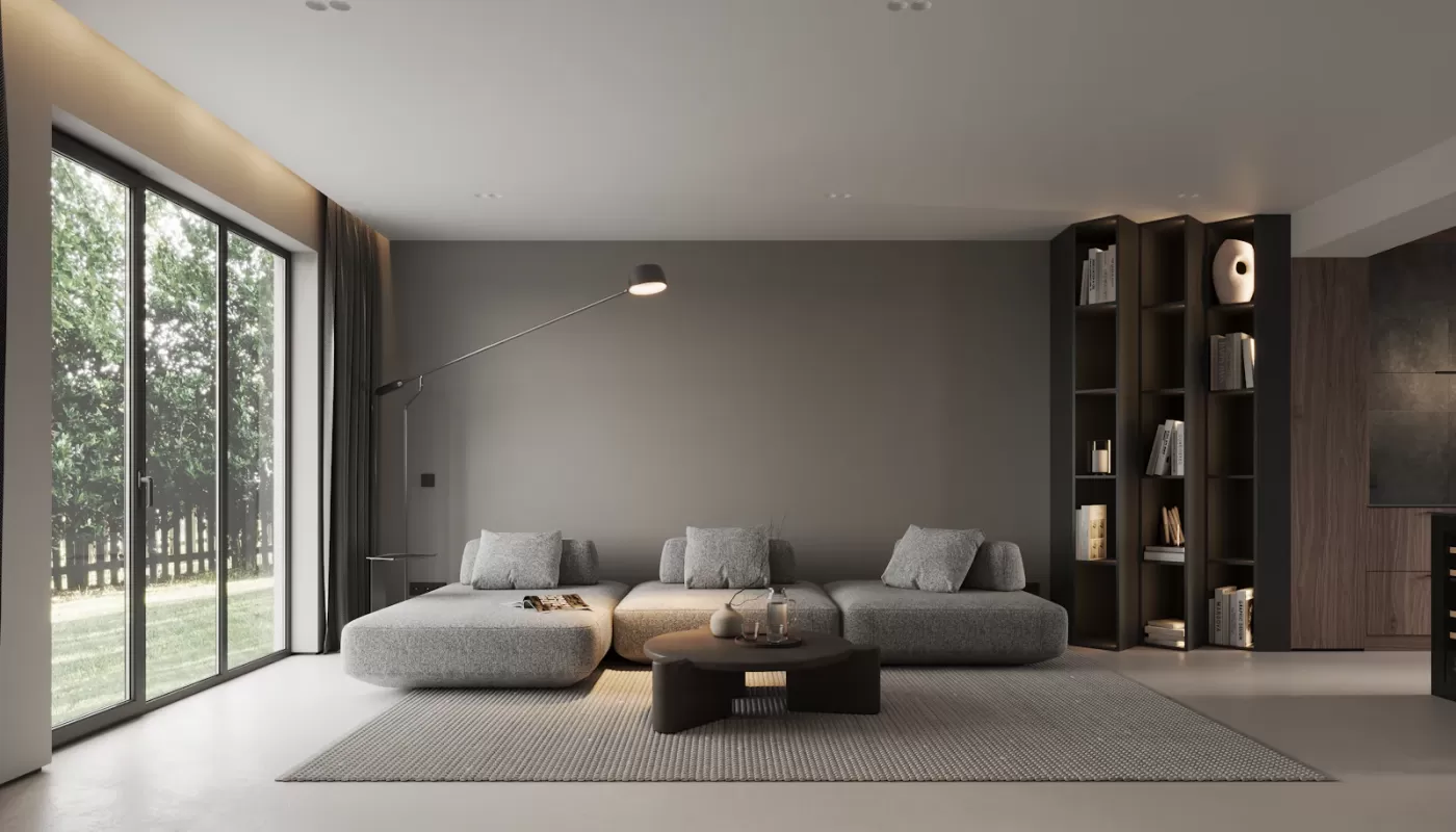 Phòng khách hoàn thiện với sofa và cửa kính lớn