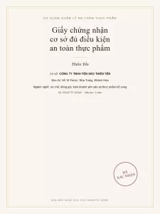 Giấy chứng nhận cơ sở đủ điều kiện an toàn thực phẩm của Thiên Yến (bản mẫu minh hoạ)