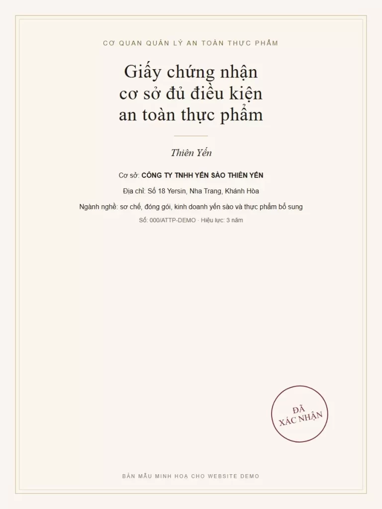 Giấy chứng nhận cơ sở đủ điều kiện an toàn thực phẩm của Thiên Yến (bản mẫu minh hoạ)