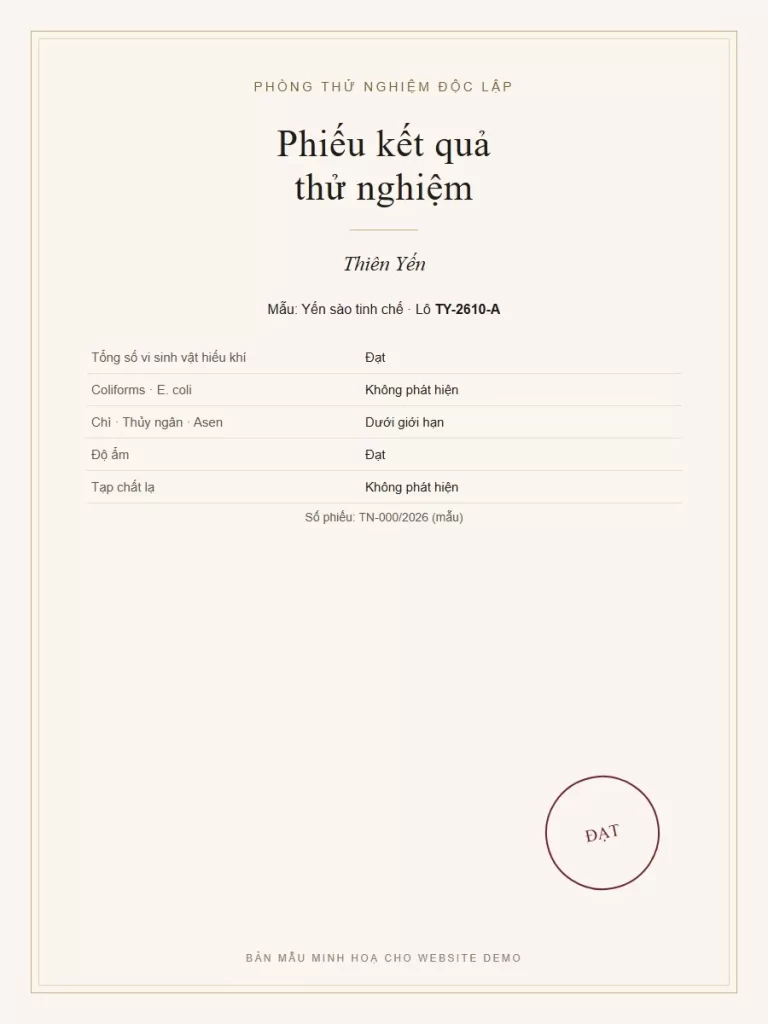 Phiếu kết quả thử nghiệm chỉ tiêu vi sinh và kim loại nặng cho lô yến (bản mẫu minh hoạ)