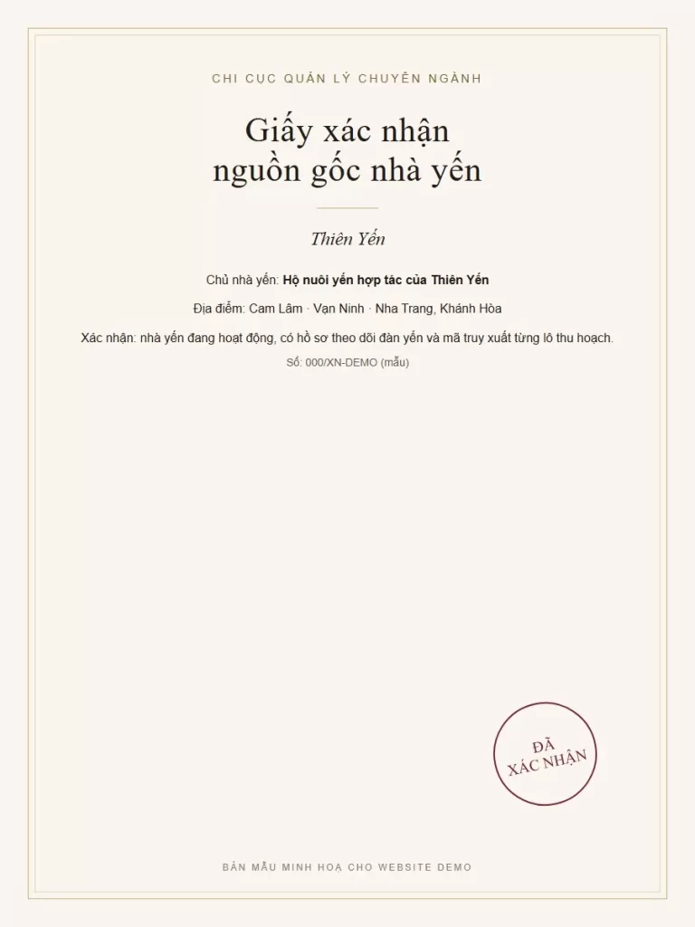 Giấy xác nhận nguồn gốc nhà yến tại Khánh Hòa (bản mẫu minh hoạ)